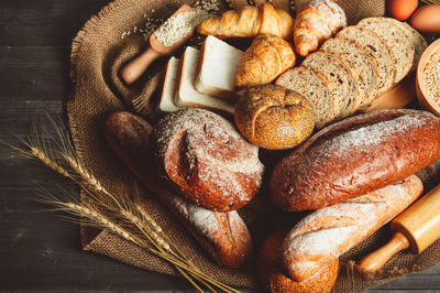 High angle view of bread in basket on table