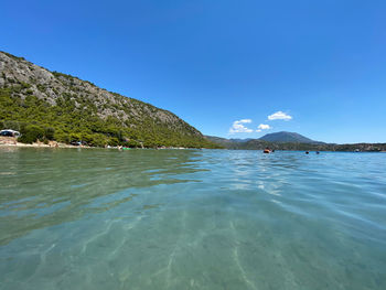 Scenic view of sea against clear blue sky