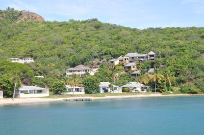 Houses by sea against sky