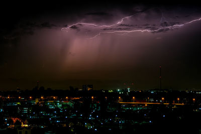 Aerial view of illuminated city against sky at night