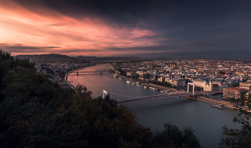 Aerial view of bridges over river against sky during sunset