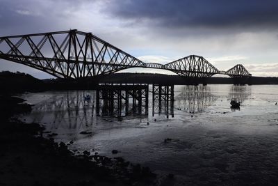 Forth rail bridge on winter day with grey sky and low tide