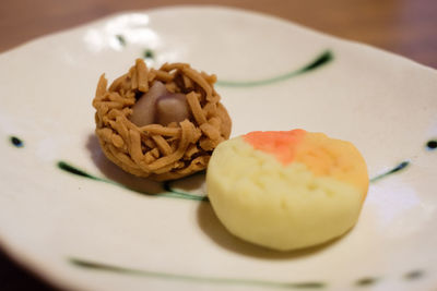 High angle view of dessert in plate on table