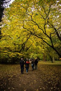 Rear view of people walking on autumn leaves