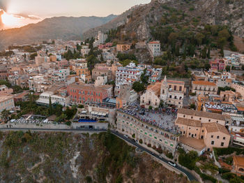 Panoramic aerial view of isola bella island and beach in taormina.