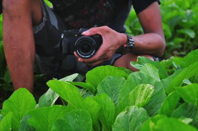 Midsection of man photographing plants with camera while crouching on field