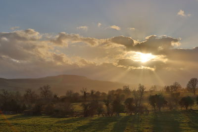 Landscape low sun shining through clouds creating shadows against backdrop of trees and mountain