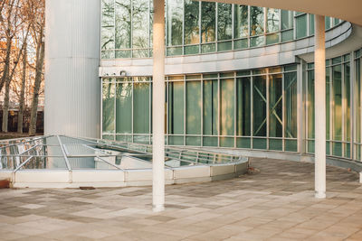 Modern building seen through glass window