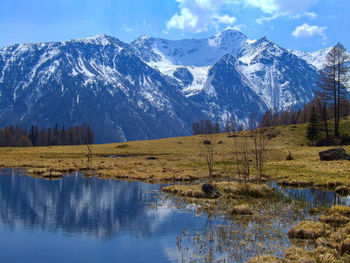 Alpine pond against scenic view of snowcapped mountains. 