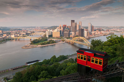 The duquesne incline, pittsburgh pennsylvania with view of pittsburgh downtown and the three rivers.
