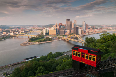 The duquesne incline, pittsburgh pennsylvania with view of pittsburgh downtown and the three rivers.
