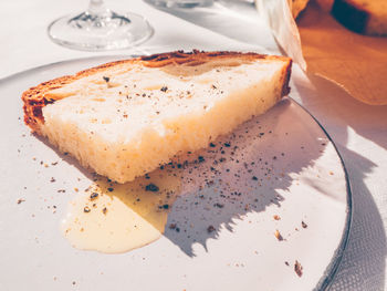 High angle view of cake in plate on table