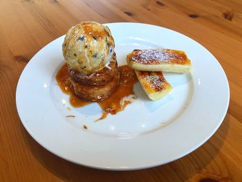 High angle view of dessert served on table