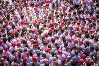 High angle view of castellers gathered for competition