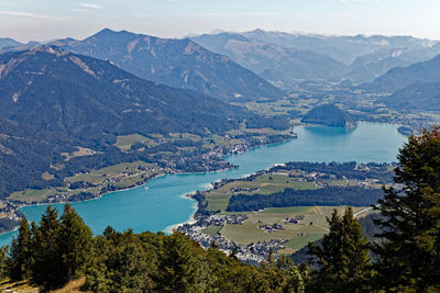 High angle view of lake and mountains against sky