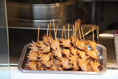 High angle view of meat in container on table