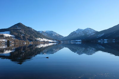 Scenic view of lake and mountains against clear blue sky