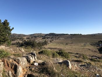 Scenic view of landscape against clear blue sky