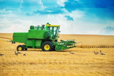 Tractor on field against sky