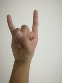 Close-up of human hand gesturing horn sign against wall