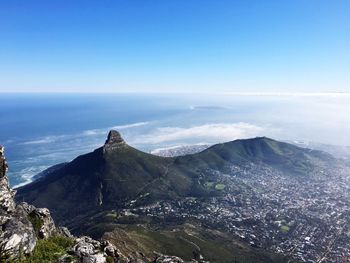 High angle view of sea and mountains against clear sky