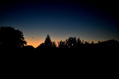 Silhouette trees against clear sky at sunset