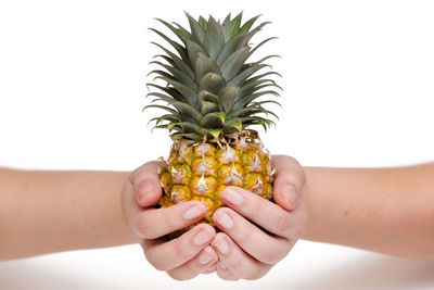 Midsection of woman holding apple against white background