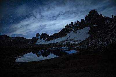 Scenic view of lake by mountains against sky at night