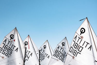 Close-up of road sign against clear sky