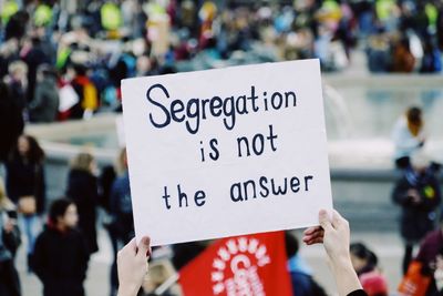 Close-up of sign at protest