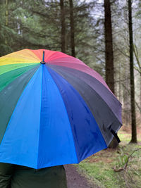 Multi colored umbrella against trees in forest