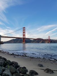 View of suspension bridge against cloudy sky