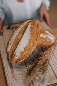 High angle view of bread in basket on table