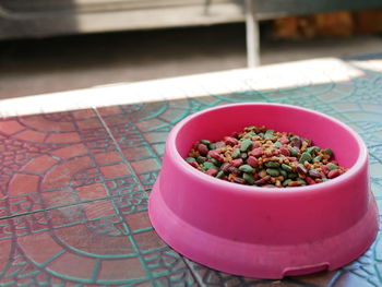 High angle view of fruits in bowl on table