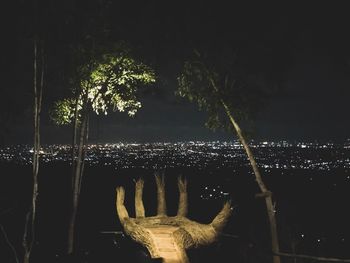 Panoramic shot of illuminated trees by river against sky at night