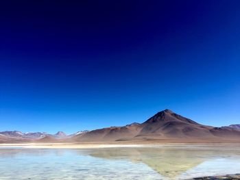 Reflection of mountains in lake against clear blue sky