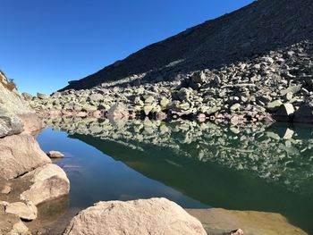 Scenic view of lake against clear blue sky