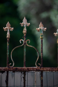 Close-up of rusty metal fence against blurred background