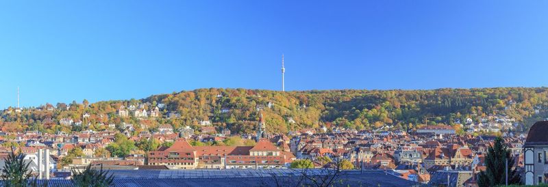 High angle view of cityscape against clear blue sky