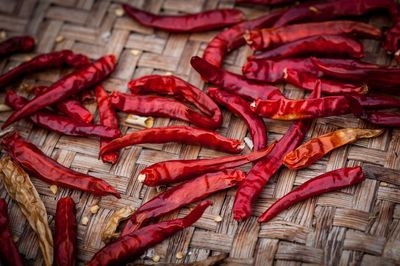 Full frame shot of red chili peppers on wicker