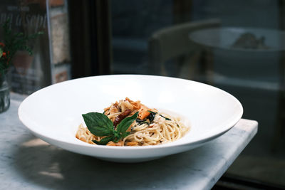 Close-up of food in plate on table