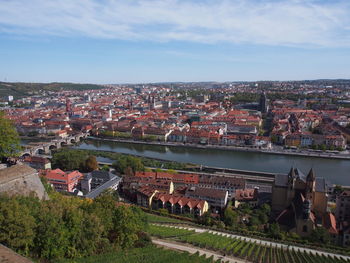 High angle shot of townscape against sky