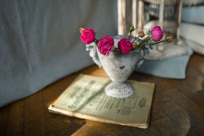 High angle view of pink flowers on table