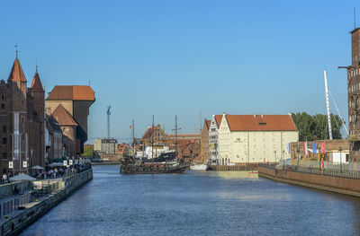 River amidst buildings against clear blue sky