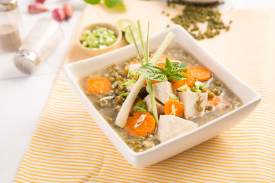 High angle view of vegetables in bowl on table