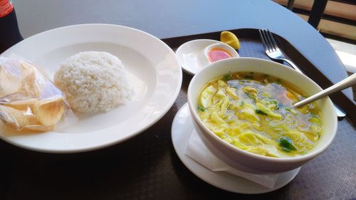 Close-up of food served on table