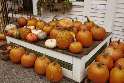 High angle view of pumpkins in market