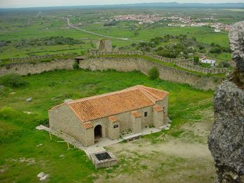 High angle view of old building on field