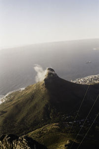 Scenic view of sea and mountains against clear sky