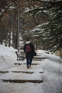 Rear view of man walking on snow covered land